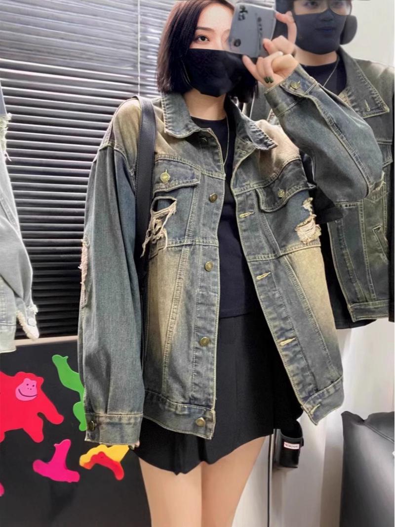 Women’s Retro Distressed Ripped Denim Jacket - Loose Mid-Length Long Sleeve, Spring 2024 Trend. Large
Women’s Retro Distressed Ripped Denim Jacket - Loose Mid-Length Long Sleeve, Spring 2024 Trend. Large