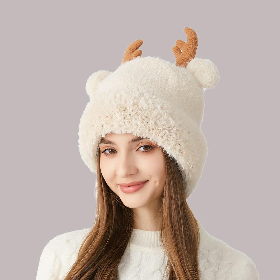 Зимняя толстая вязаная шапка с рогами для защиты ушей, рождественская женская уличная теплая плюшевая шапка бежевый