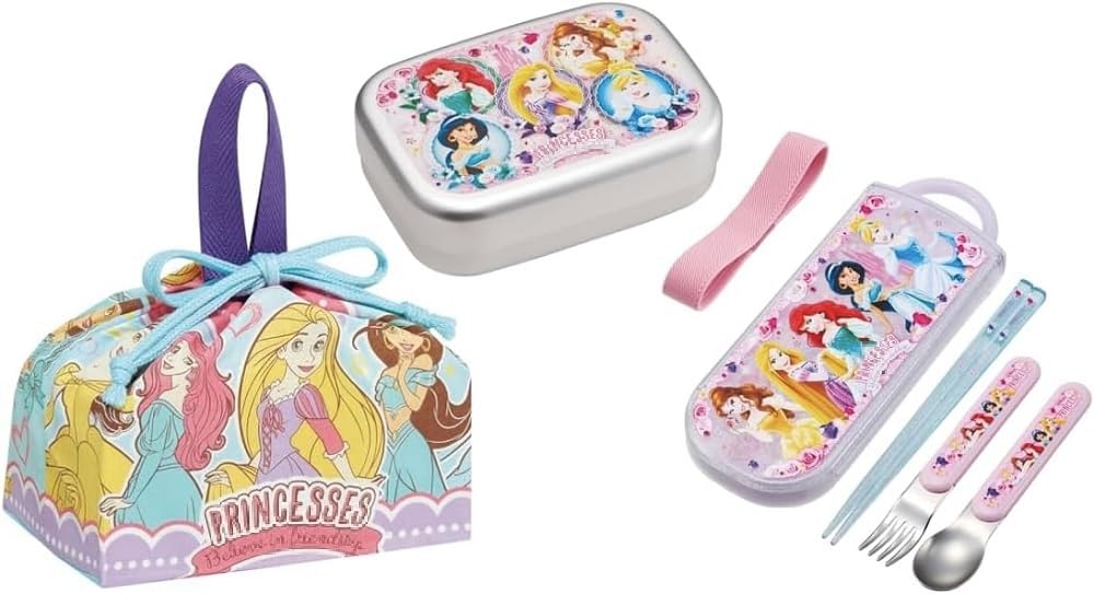 Skater Princess 24 Алюминиевая коробка для бенто Алюминиевая коробка для бенто 370 мл Трио Набор для обеда со шнурком Ариэль Рапунцель Белль Жасмин Утеплитель для детей