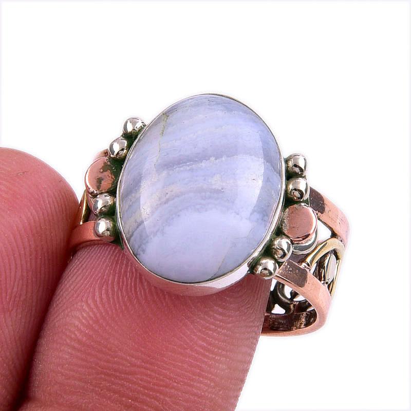 Natural Blue Lace Agate 925 Solid Sterling Silver Jewelry TwoTone Ring S.10 P1y33