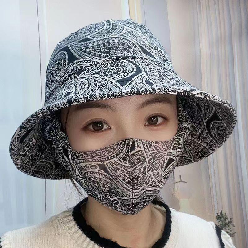 Женская летняя шляпа от солнца - Хлопок и шелк, Дышащая, Пыленепроницаемая, С широкими полями и маской M (56-58cm)