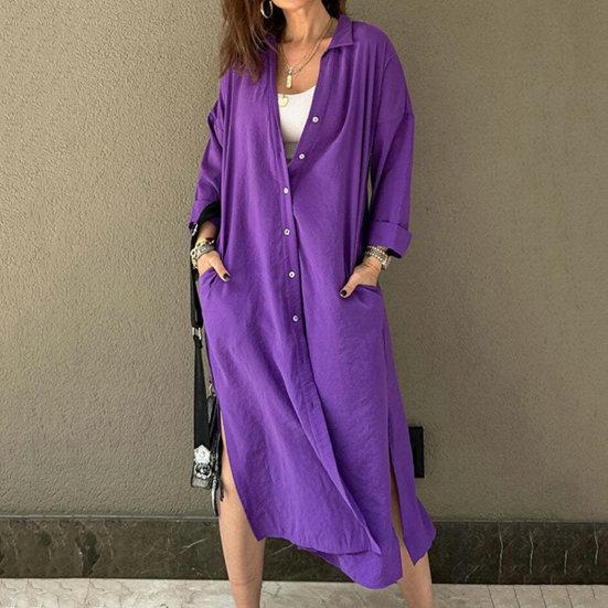 Women Solid Color Casual Shirt Dress Lapel Long Sleeve Single Breasted Side Split Hem Cardigan Dress Loose Hem Midi Dress Streetwear
Women Solid Color Casual Shirt Dress Lapel Long Sleeve Single Breasted Side Split Hem Cardigan Dress Loose Hem Midi Dress Streetwear