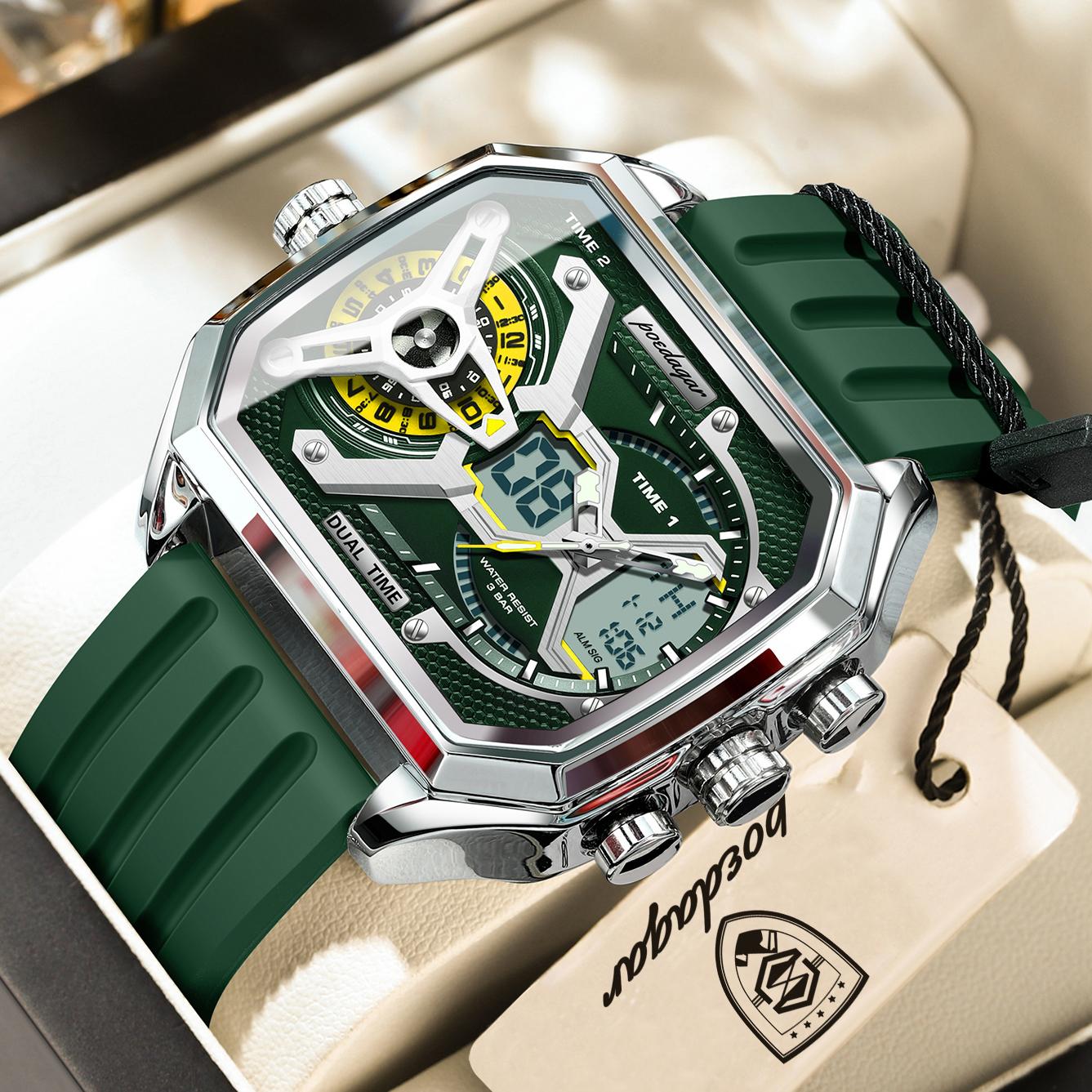 POEDAGAR Fashion Sports Men Clock Date Week Luminous LED Quartz Watch Silicone Dual Time Electronic Military Watches срібний/зелений
POEDAGAR Fashion Sports Men Clock Date Week Luminous LED Quartz Watch Silicone Dual Time Electronic Military Watches срібний/зелений