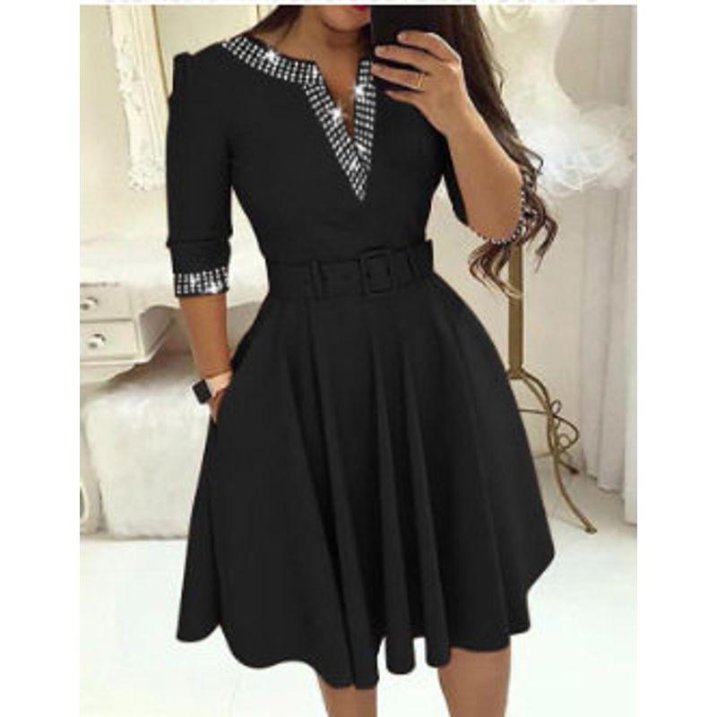 2024 European and American Autumn and Winter Elegant Waist-Cinching Rhinestone Embellished Mid-Length Sleeve Solid Color Flared V-Neck Dress with Belt Black Hotfix Rhinestones S
2024 European and American Autumn and Winter Elegant Waist-Cinching Rhinestone Embellished Mid-Length Sleeve Solid Color Flared V-Neck Dress with Belt Black Hotfix Rhinestones S