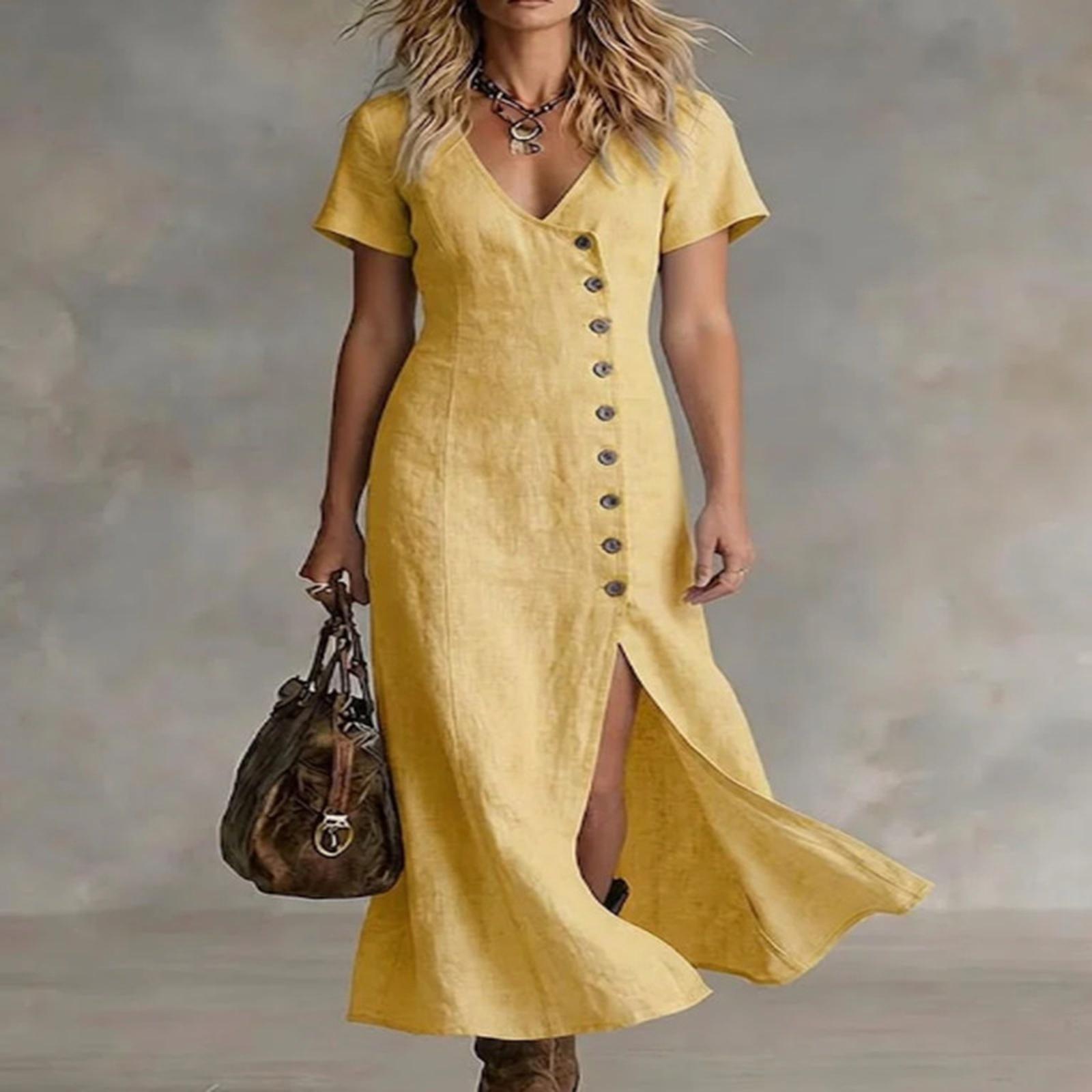 Fashionable Women s V-neck Short Sleeved Button Slit Fashionable Casual Cotton And Linen Dress XL жовтий
Fashionable Women s V-neck Short Sleeved Button Slit Fashionable Casual Cotton And Linen Dress XL жовтий