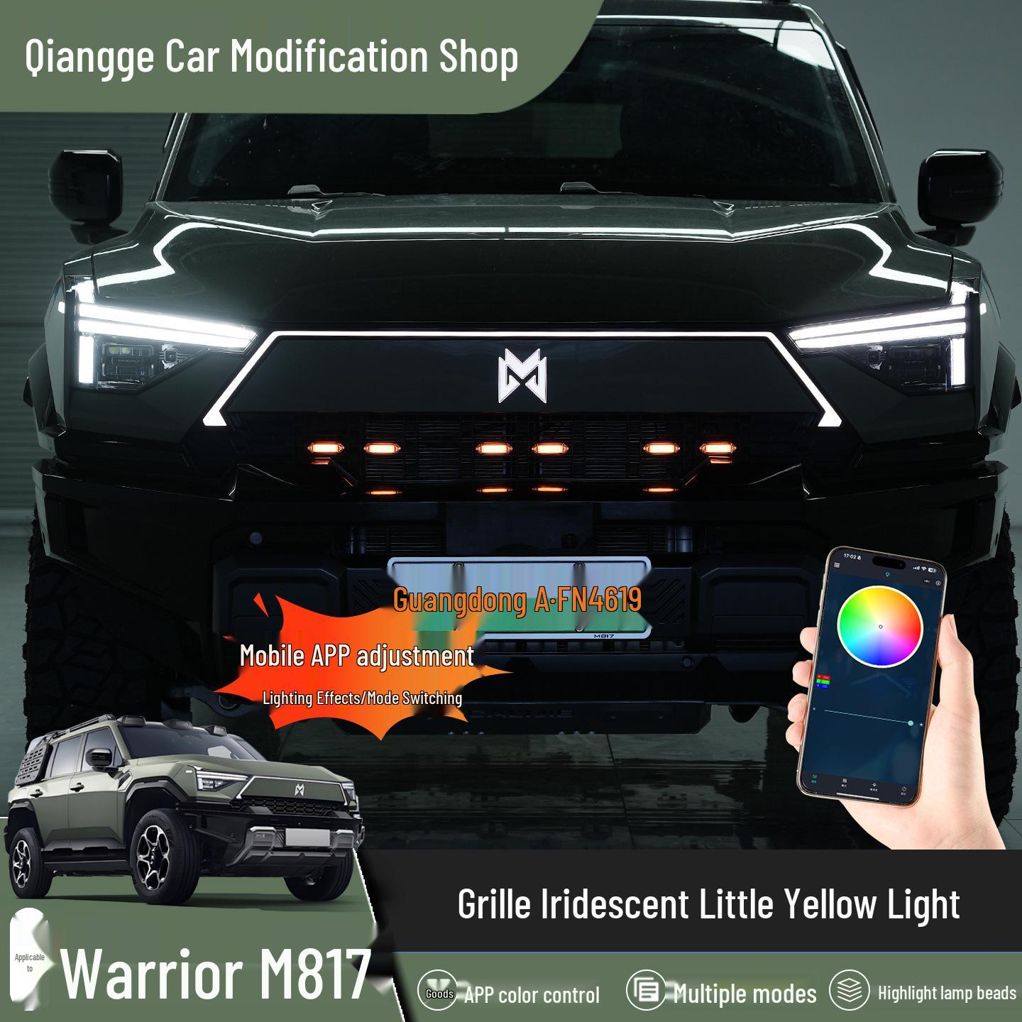 Color-Changing LED Daytime Running Lights for Mengshi M817 Front Bumper Grille - Small Yellow Lights Colorful Yellow Lights 1-to-4 APP Control Set
Color-Changing LED Daytime Running Lights for Mengshi M817 Front Bumper Grille - Small Yellow Lights Colorful Yellow Lights 1-to-4 APP Control Set