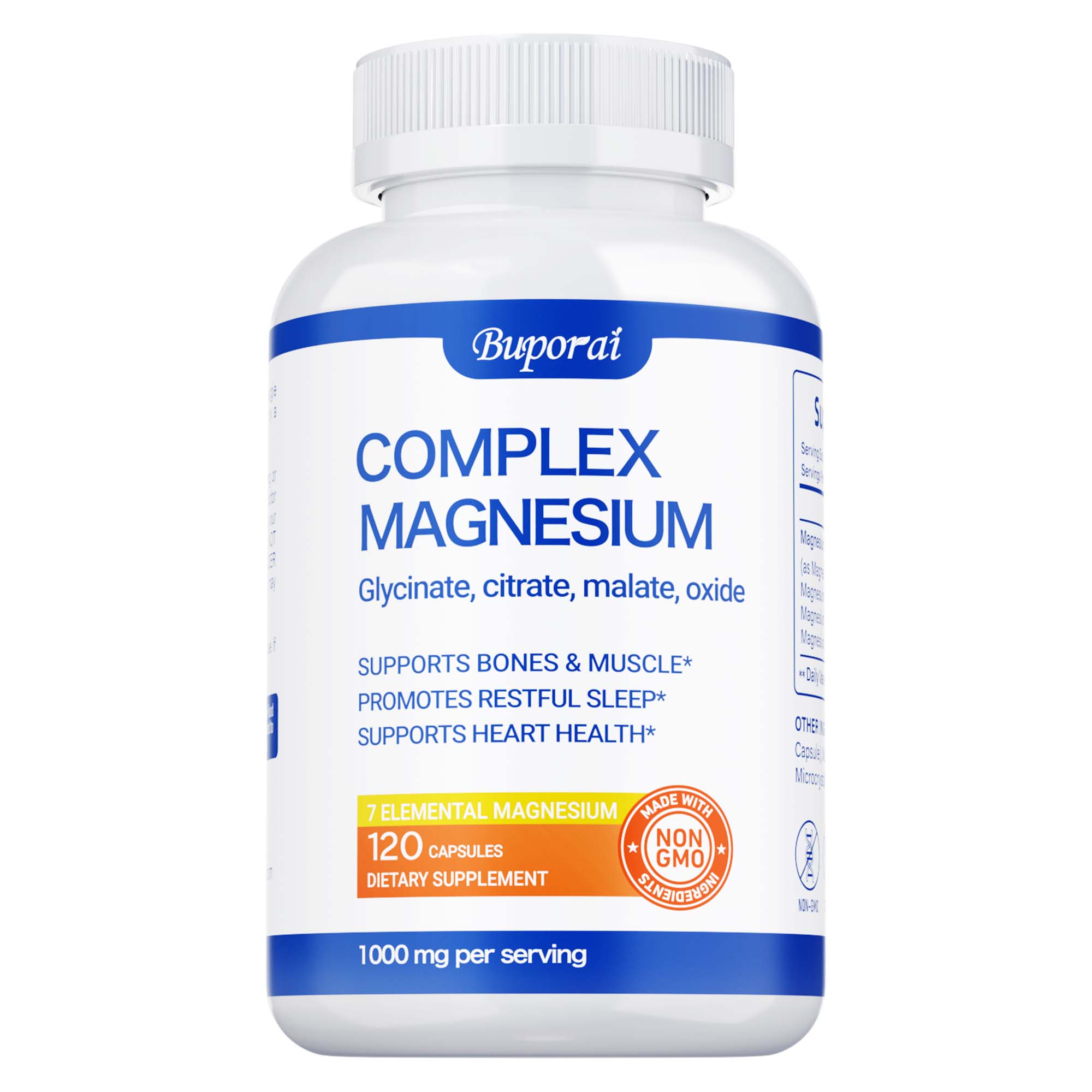 Complex magnesium supplement, 1000 mg, contains magnesium glycine, magnesium citrate, magnesium malate, non-GMO. 120
Complex magnesium supplement, 1000 mg, contains magnesium glycine, magnesium citrate, magnesium malate, non-GMO. 120