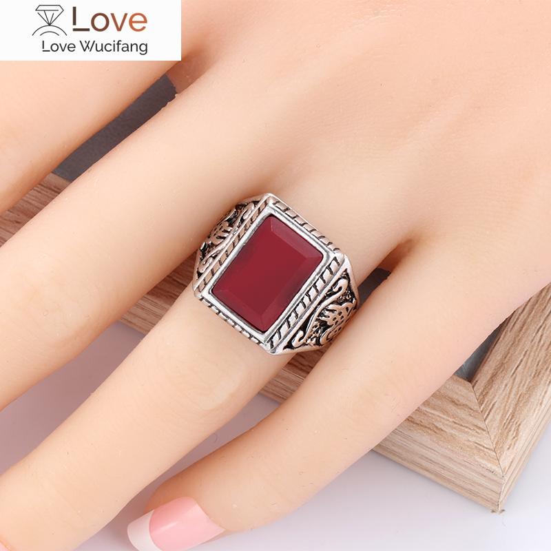 Wbmqda Винтажное мужское кольцо с черным камнем, серебряный цвет, скульптура, этнический узор, обручальные кольца, турецкие ювелирные изделия, прямая поставка 7 красный