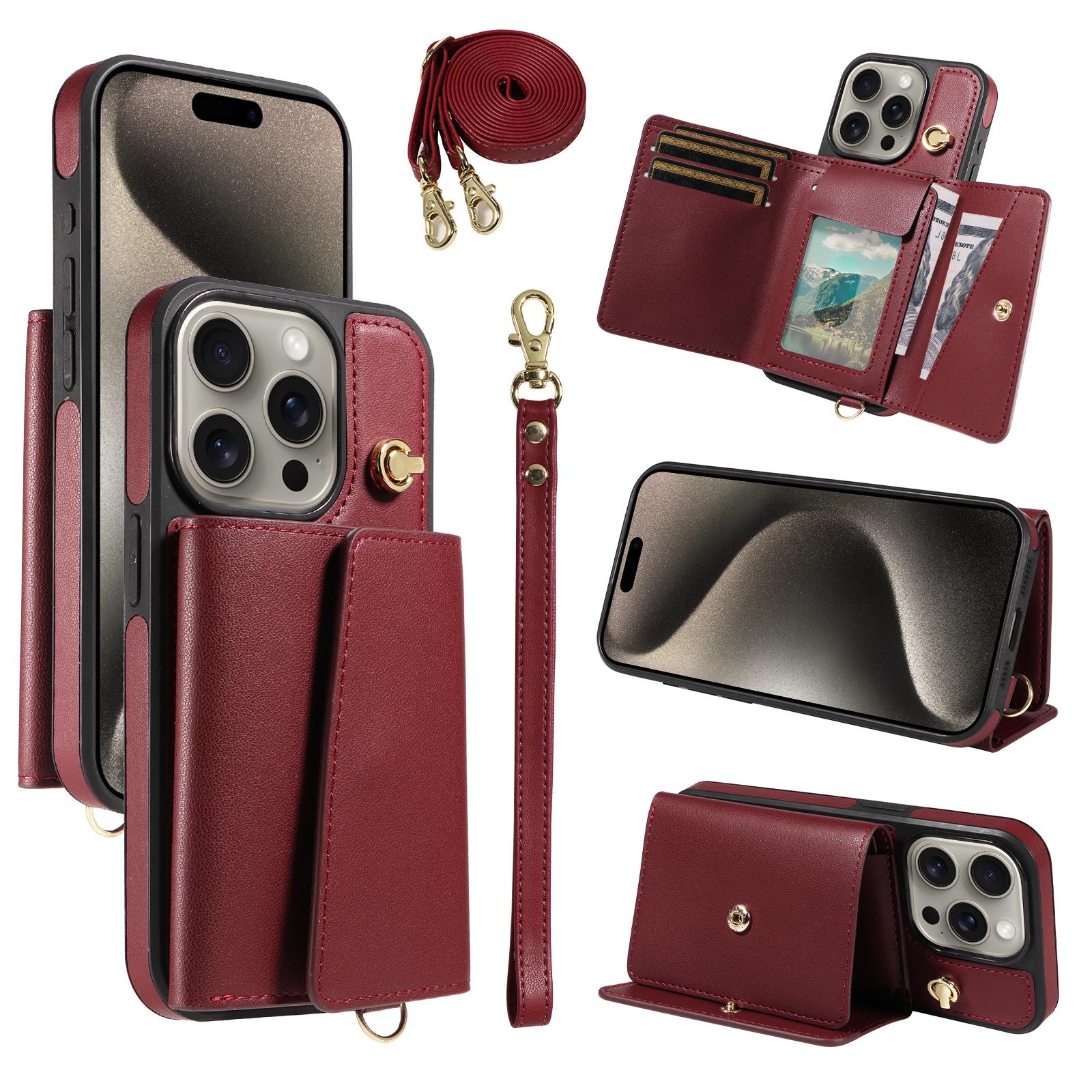 For iPhone 15 Pro Max Crossbody Phone Case Card Holder Kickstand Leather Coated TPU Mobile Cover Wine Red
For iPhone 15 Pro Max Crossbody Phone Case Card Holder Kickstand Leather Coated TPU Mobile Cover Wine Red