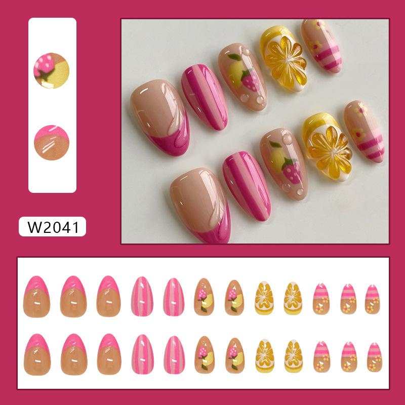 Three-dimensional fresh strawberry lemon stripe French removable manicure 24 pieces press on nails
Three-dimensional fresh strawberry lemon stripe French removable manicure 24 pieces press on nails