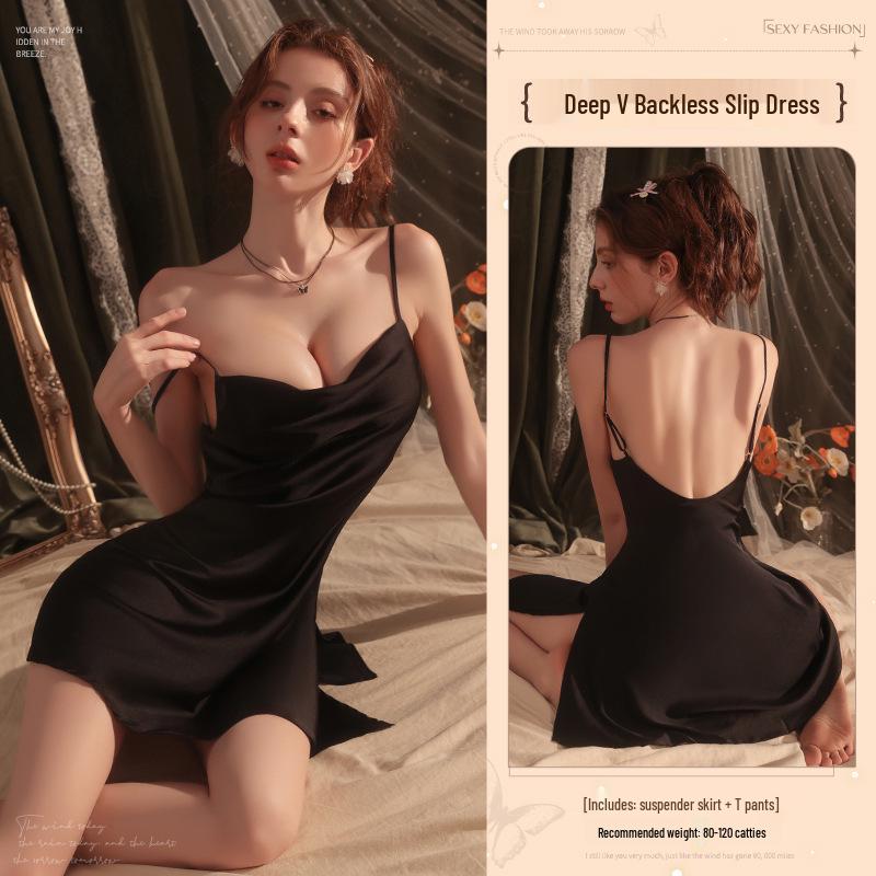 Большая Сексуальная Ночная Сорочка на Тонких Бретелях с Открытой Спиной и Разрезом - Легкое Роскошное Белье 1922 One Size