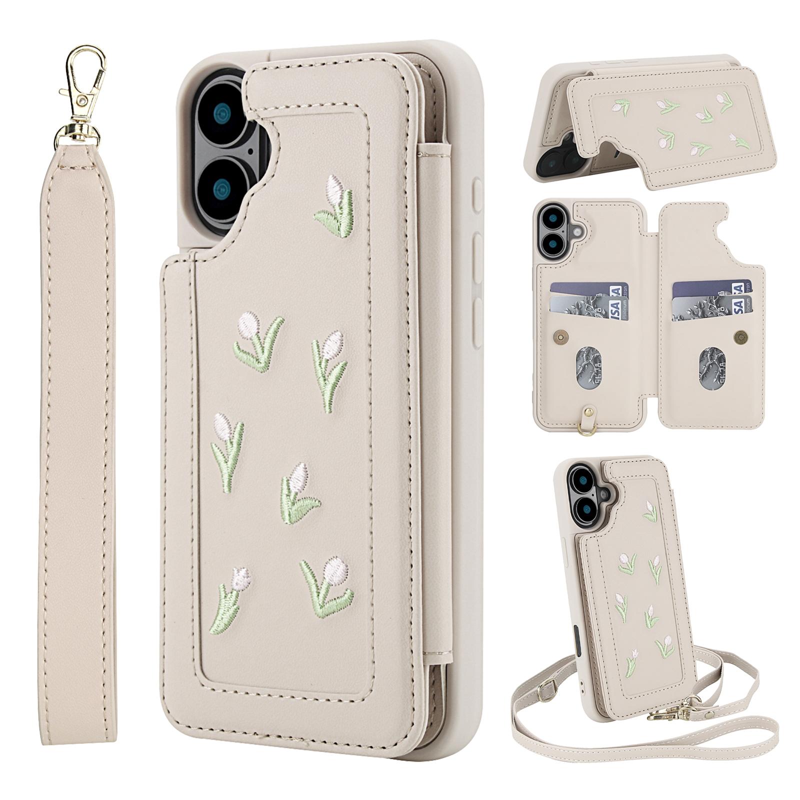For iPhone 16 Plus Case Embroidered Tulips PU Leather Card Holder Back Cover with Shoulder Strap/Wrist Strap Beige
For iPhone 16 Plus Case Embroidered Tulips PU Leather Card Holder Back Cover with Shoulder Strap/Wrist Strap Beige
