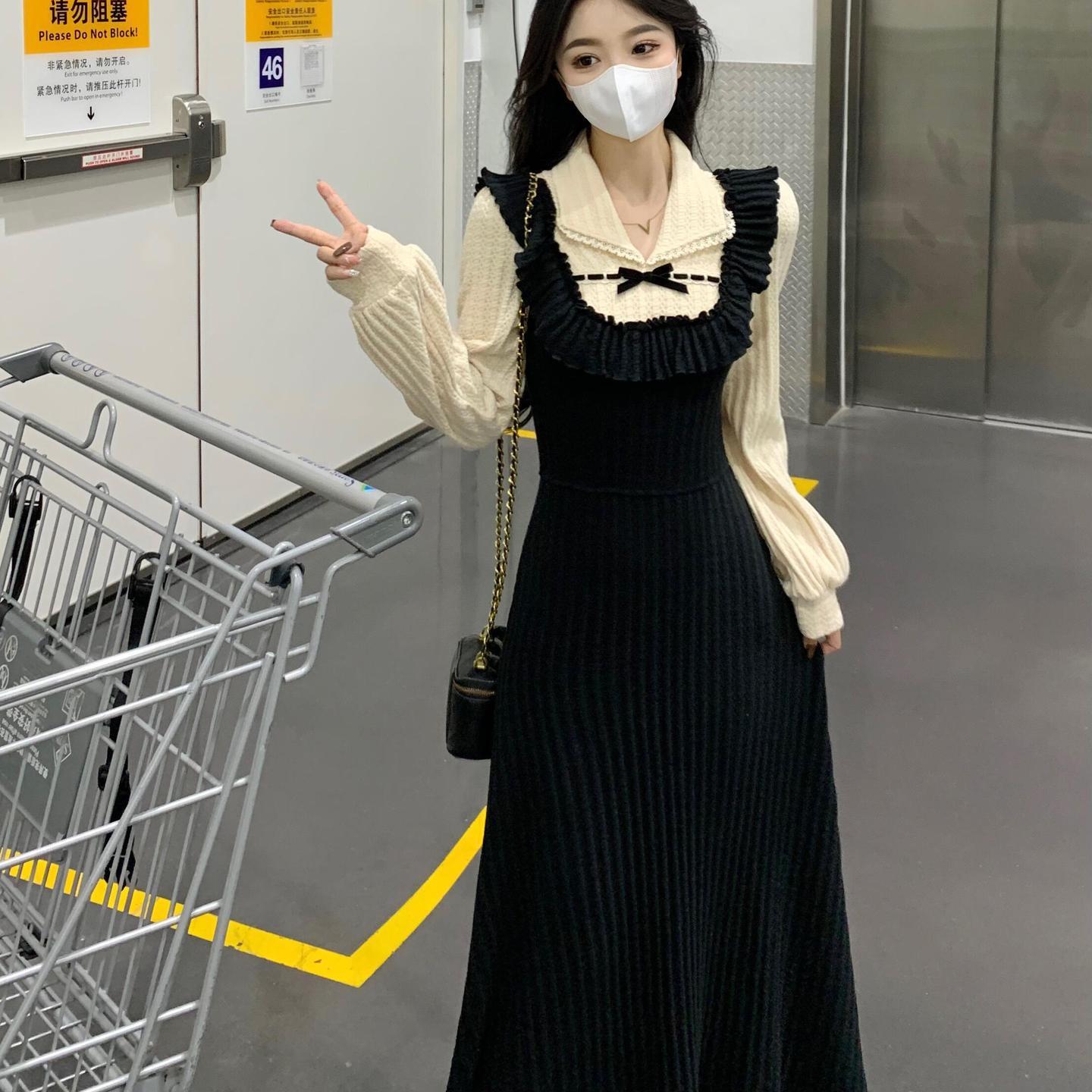 Весенне-осеннее женское платье больших размеров, винтажное черное платье с французским узором, тонкие трикотажные нижние платья 4XL чёрный