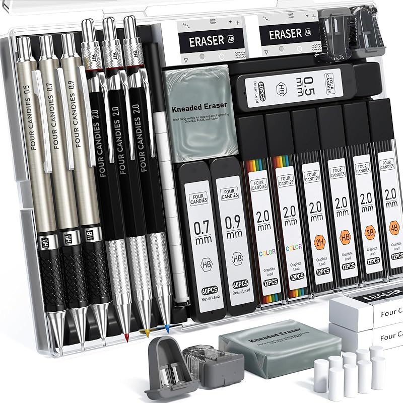 Four Candies Mechanical pencil set for metal drawing 0.5, 0.7, 0.9& 2.0mm With sharp lead (HB 2H 2B 4B color) art sketch design mechanical pencil
Four Candies Mechanical pencil set for metal drawing 0.5, 0.7, 0.9& 2.0mm With sharp lead (HB 2H 2B 4B color) art sketch design mechanical pencil