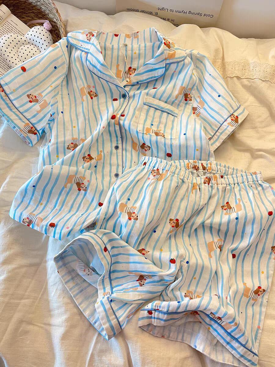Korean version of blue striped sausage puppy pajamas women s summer cardigan lapel short-sleeved shorts set girl loungewear S
Korean version of blue striped sausage puppy pajamas women s summer cardigan lapel short-sleeved shorts set girl loungewear S