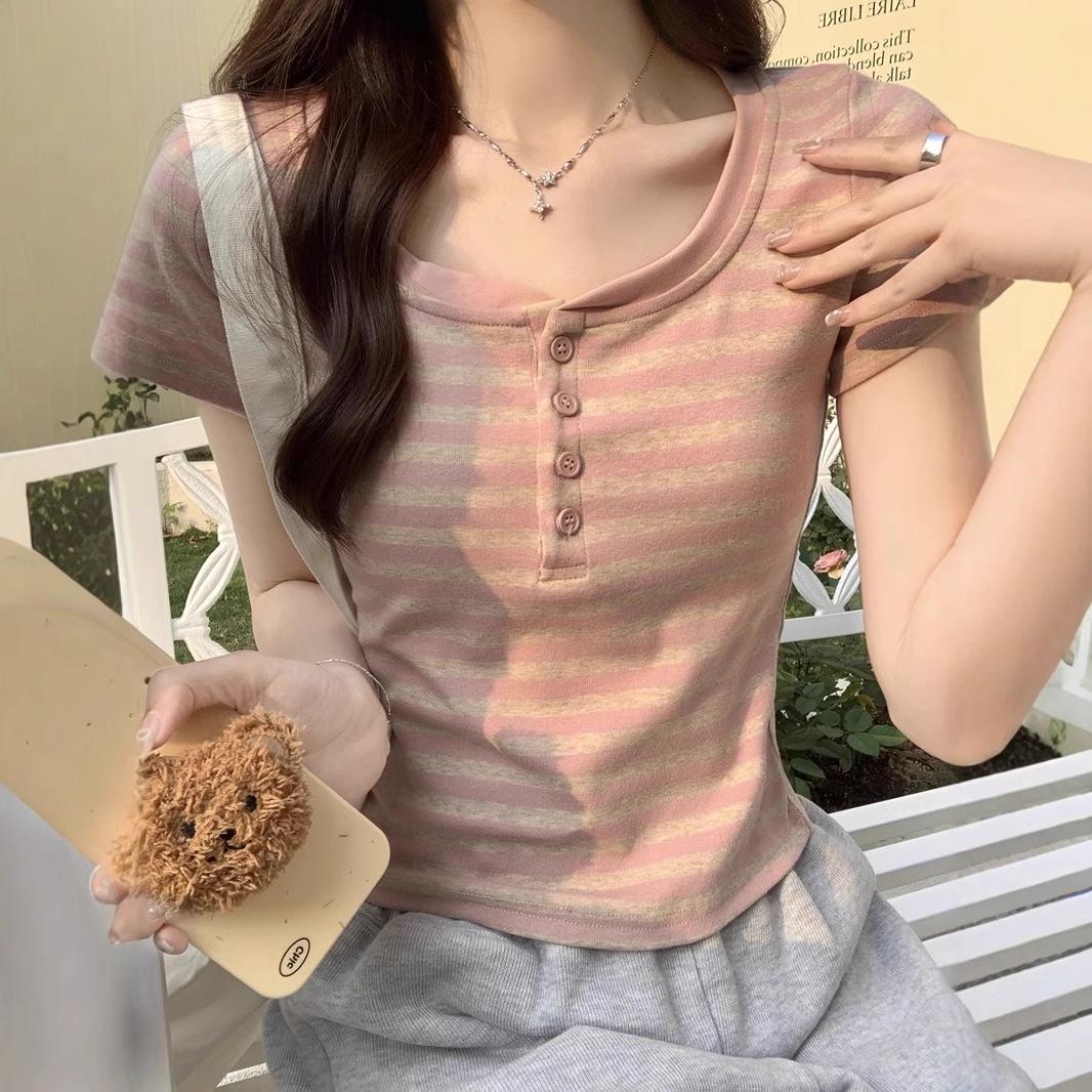 Straight Shoulder Striped Short Sleeve T-Shirt - Women s 2025 Korean Style Half-Open Collar Slimming Petite Top L Premium
Straight Shoulder Striped Short Sleeve T-Shirt - Women s 2025 Korean Style Half-Open Collar Slimming Petite Top L Premium