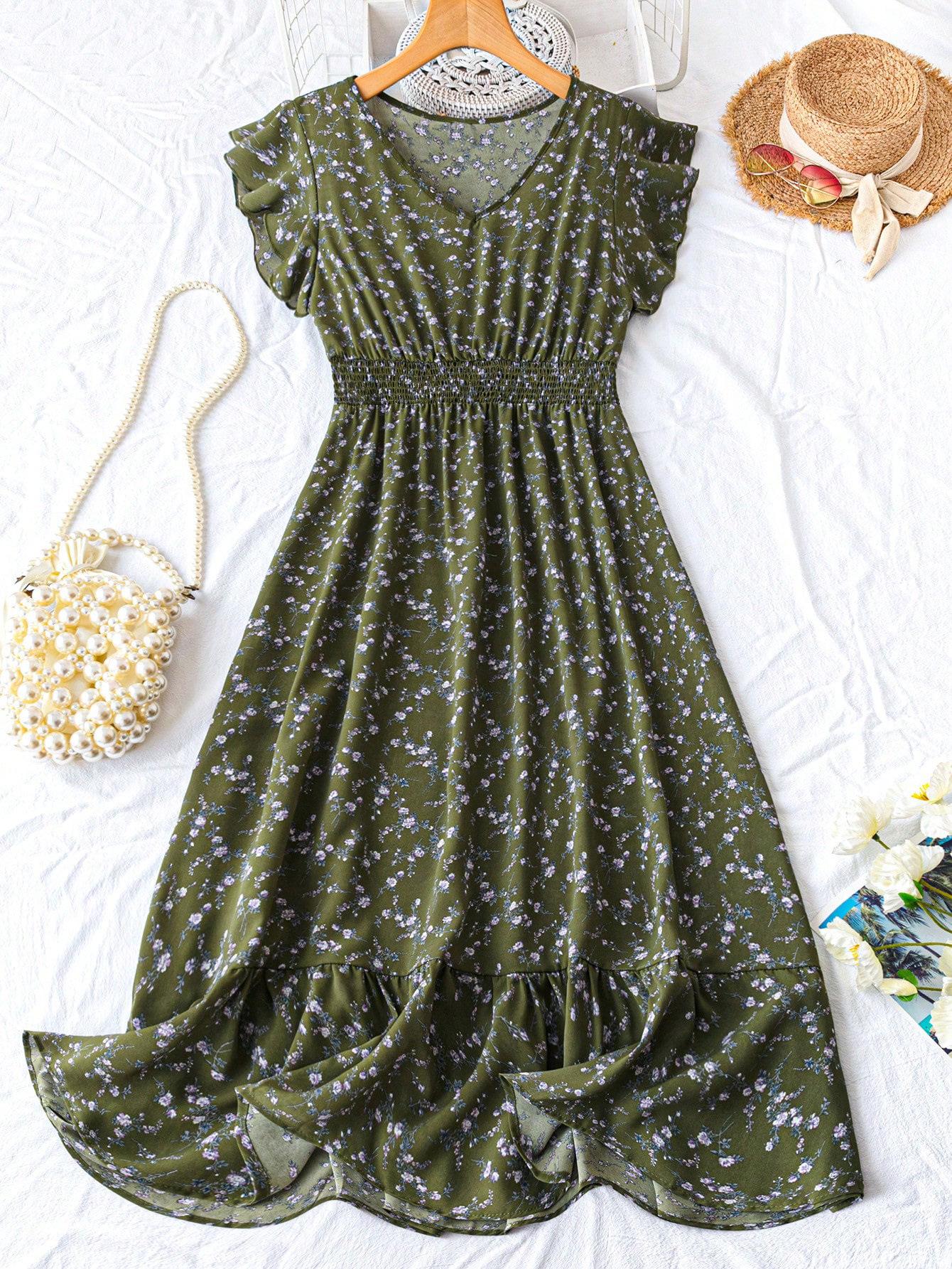 Elegant Floral V-Neck A-Line Dress with Smocked Back and Short Sleeves Double Extra Large зелений
Elegant Floral V-Neck A-Line Dress with Smocked Back and Short Sleeves Double Extra Large зелений