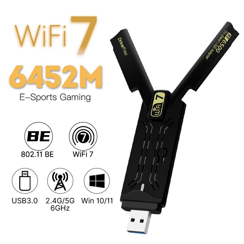WiFi 7 Tri-Band BE6500 USB 3.0 Card Driver Free RTL8912AU Chip WiFi Dongles Wireless USB Adapter for Win 10/11
WiFi 7 Tri-Band BE6500 USB 3.0 Card Driver Free RTL8912AU Chip WiFi Dongles Wireless USB Adapter for Win 10/11