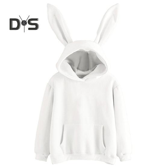 Женская осенне-зимняя толстовка с капюшоном, декор в виде заячьих ушей, сплошной цвет, свободная с длинным рукавом, эластичная манжета на шнурке, свободная с капюшоном, мягкая теплая повседневная женская толстовка с капюшоном, топ M белый