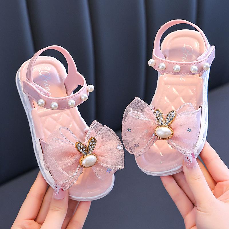 Летние сандалии с украшением из бисера и бантом для девочек, детские тапочки в стиле принцессы, нескользящие шлепанцы для морского пляжа, домашняя детская обувь 31 розовый