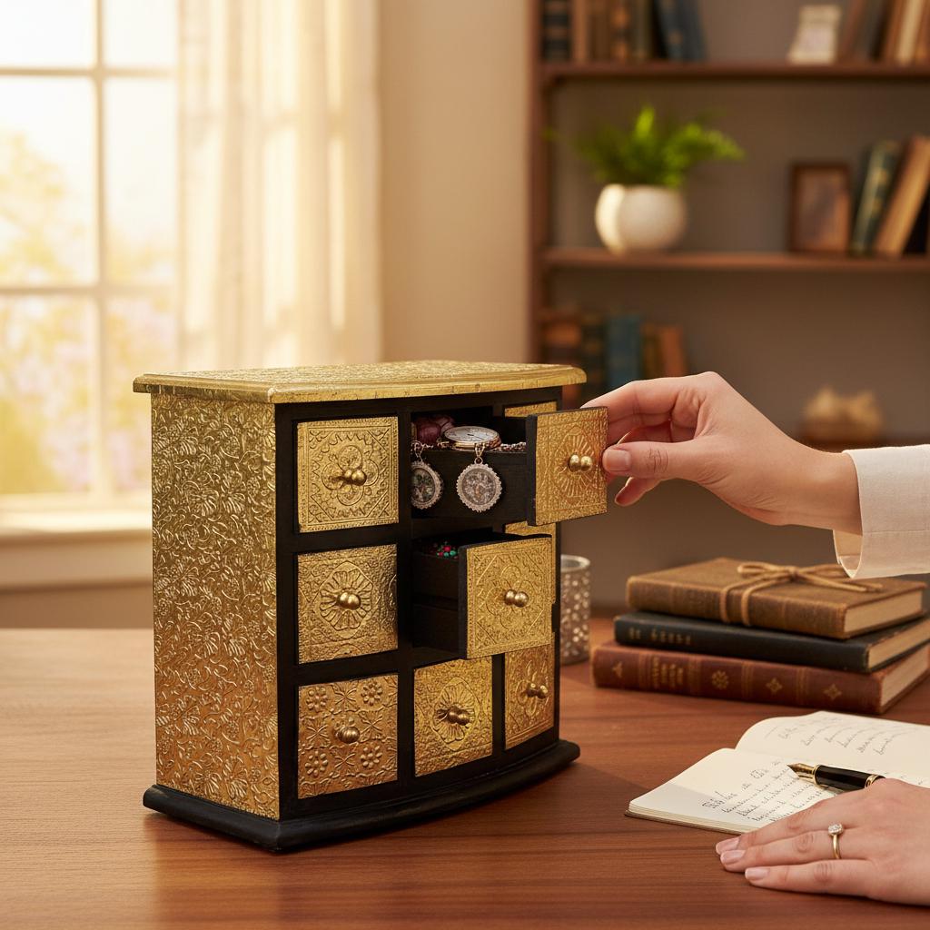 Handicrafted Wooden Jewelry Box | Mini Chest with Gold Embossed Drawers Small Wooden Storage Chest | Hand-Painted Gold Decorative Organizer
Handicrafted Wooden Jewelry Box | Mini Chest with Gold Embossed Drawers Small Wooden Storage Chest | Hand-Painted Gold Decorative Organizer