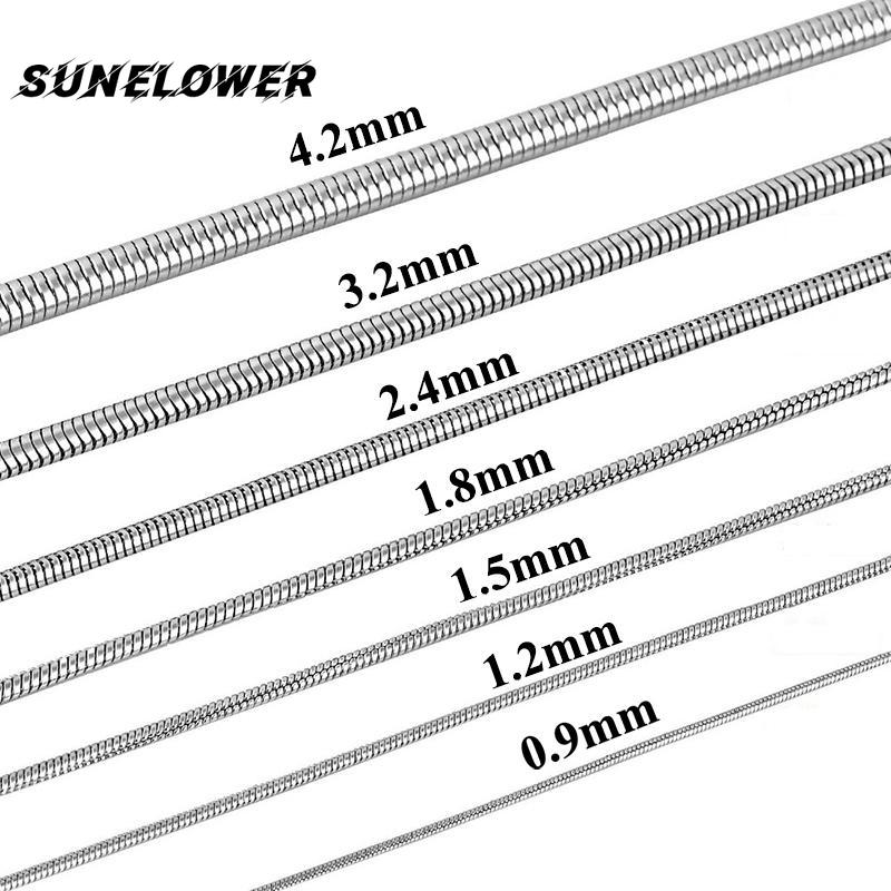 Круглая цепочка в виде змеи из нержавеющей стали, серебряного тона, 16-30 дюймов, мужское и женское ожерелье 0,9/1,2/1,5/1,8/2,4/3,2/4,2 мм