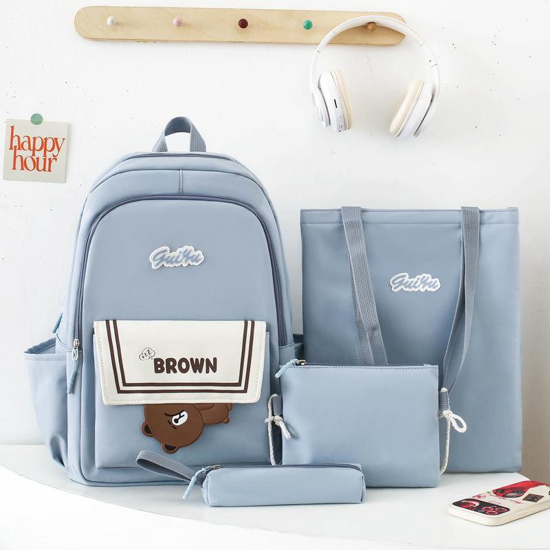 Милый школьный рюкзак для начальной и средней школы, универсальный рюкзак для колледжа высокой ценности, простой рюкзак с принтом мультяшного медведя, женский синий