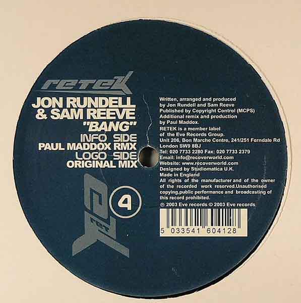 12inch Record SAMUEL E REEVE & JON RUNDELL - Bang RETEK4 Retek 2003 UK Dance & Electronica Used
12inch Record SAMUEL E REEVE & JON RUNDELL - Bang RETEK4 Retek 2003 UK Dance & Electronica Used