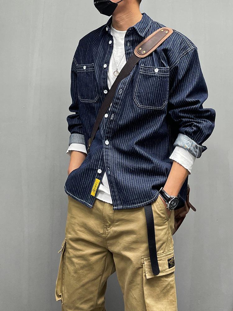 Мужская рубашка из ретро-денима в полоску с длинным рукавом - Повседневная свободная со спущенным плечом, Плоткая верхняя одежда, Большой размер для весны и осени. XL синий
Мужская рубашка из ретро-денима в полоску с длинным рукавом - Повседневная свободная со спущенным плечом, Плоткая верхняя одежда, Большой размер для весны и осени. XL синий