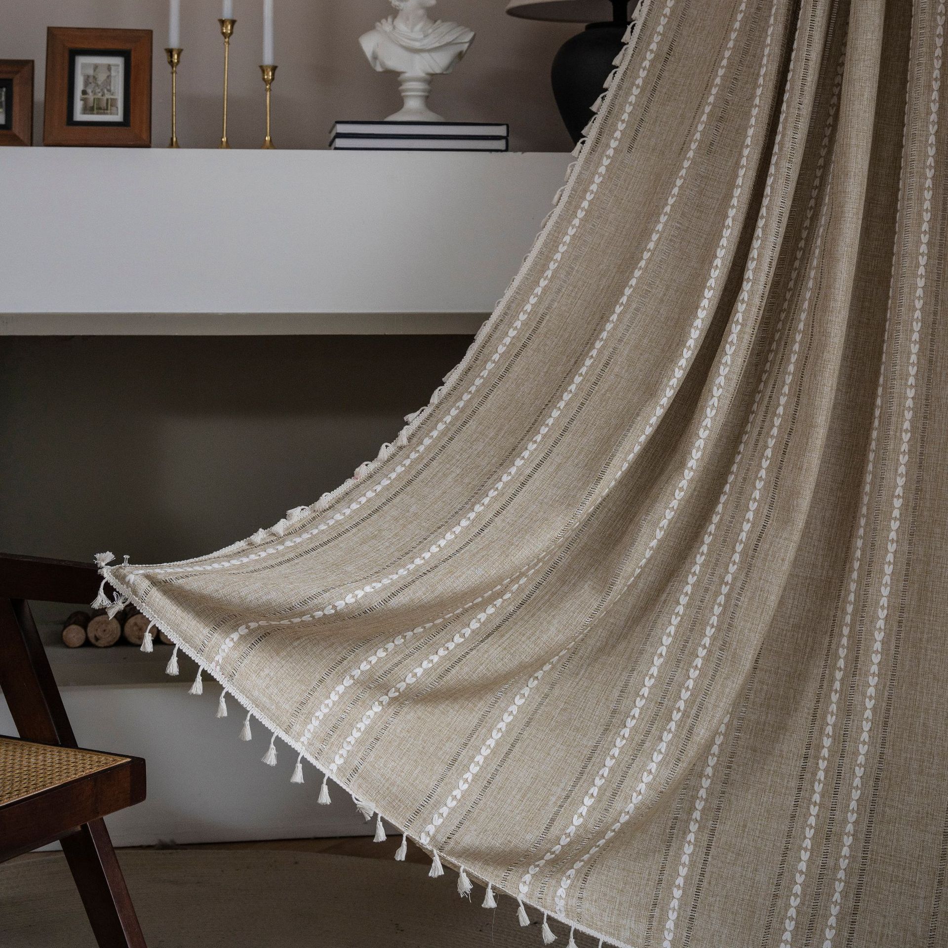 Занавеска для эркера Зеленая контрастная цветная штора Полузатемняющая бахрома Вышитая дверная штора Спальня Сельская идиллия 132-200