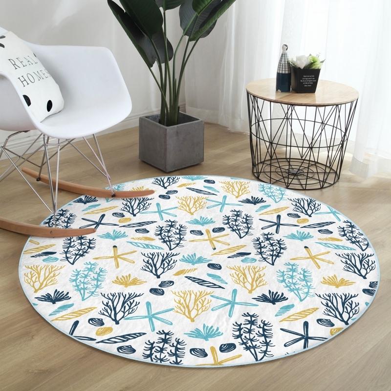 Digital Printed Modern Navy Blue Bathroom Round Carpet With Washable Non-Slip Base With Colorful Marine Motif On White Floor
Digital Printed Modern Navy Blue Bathroom Round Carpet With Washable Non-Slip Base With Colorful Marine Motif On White Floor