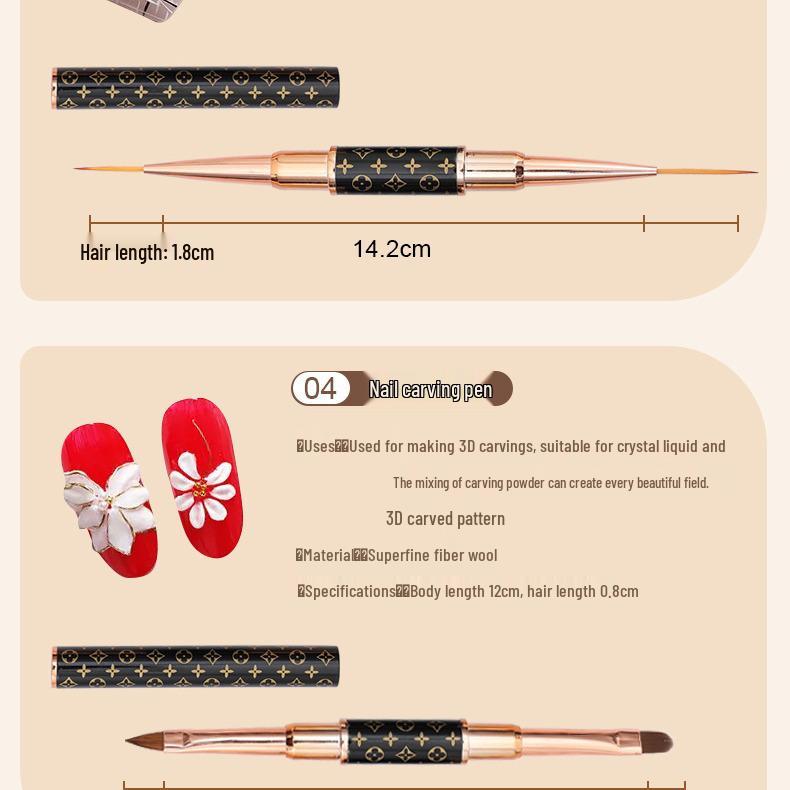 5-Piece Double-Ended Nail Art Pen Set: Two-in-One Liner, Fine Light Therapy, Shaping, Painting, Gradient, Carving Brushes.
5-Piece Double-Ended Nail Art Pen Set: Two-in-One Liner, Fine Light Therapy, Shaping, Painting, Gradient, Carving Brushes.