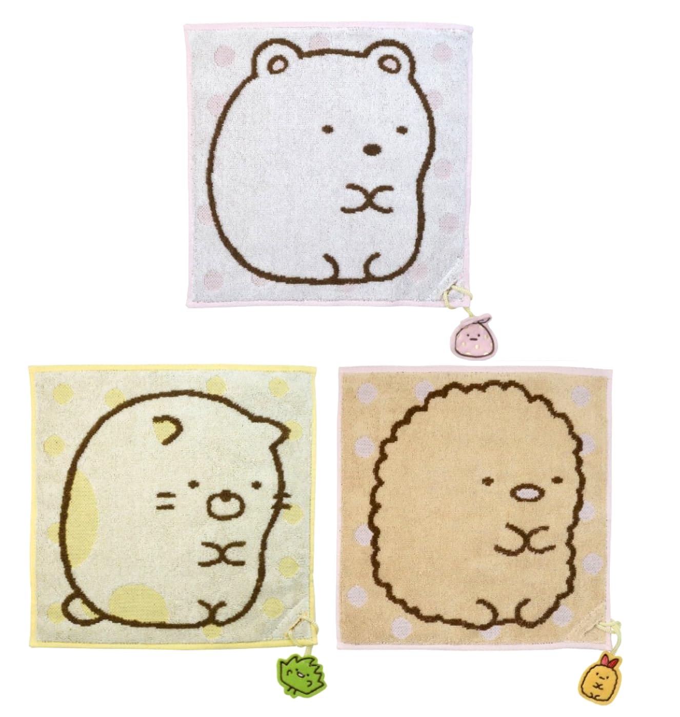 Набор из 3 жаккардовых платков-полотенец Marushin Sumikko Gurashi с узорами: медведь, розовый кот, желтая свиная котлета и креветки (Полярный фурошики, сассу,
Набор из 3 жаккардовых платков-полотенец Marushin Sumikko Gurashi с узорами: медведь, розовый кот, желтая свиная котлета и креветки (Полярный фурошики, сассу,