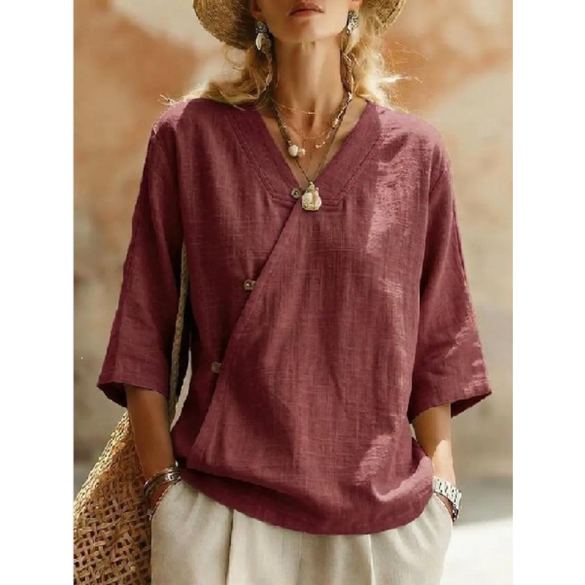 Summer Women s Retro Cotton Linen Shirt Asymmetrical Button Three-quarter Sleeve Top for Cross-border Fashion 3XL світло-коричневого кольору
Summer Women s Retro Cotton Linen Shirt Asymmetrical Button Three-quarter Sleeve Top for Cross-border Fashion 3XL світло-коричневого кольору