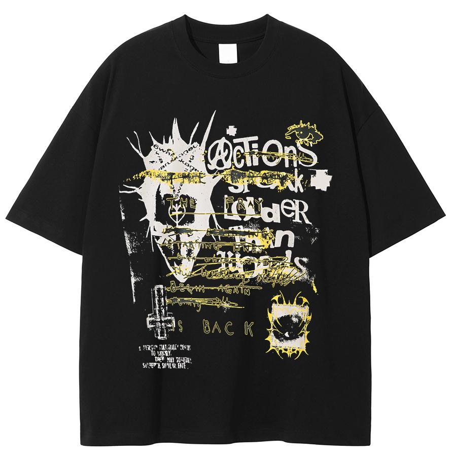 Vintage Washed Black Graphic Tee Streetwear Oversized T-Shirt Grunge Short Sleeve Top with Yellow Skull and Actions Speak Louder Text Print XXL
Vintage Washed Black Graphic Tee Streetwear Oversized T-Shirt Grunge Short Sleeve Top with Yellow Skull and Actions Speak Louder Text Print XXL