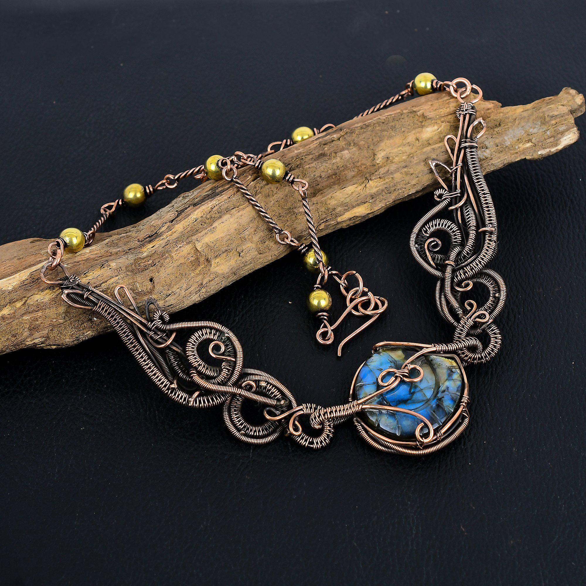 Ожерелье из лабрадорита, ювелирное изделие из драгоценного камня, ожерелье с регулируемой цепочкой, обернутое медной проволокой 999 пробы, подарок для женщин, ожерелье ручной работы Adjustable With 18 Inches