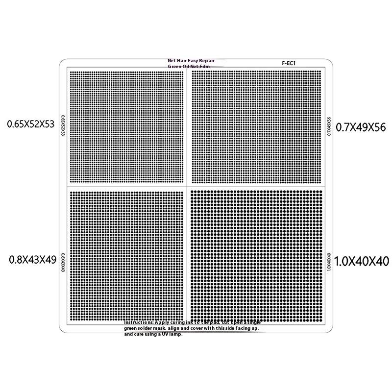 Трафарет для УФ-паяльної маски, крок отворів 0,3/0,4/0,5/0,58/0,6/0,8/1,0 мм, універсальна зелена сітка, трафарет для УФ-паяльної маски, BGA реболлінгу
Трафарет для УФ-паяльної маски, крок отворів 0,3/0,4/0,5/0,58/0,6/0,8/1,0 мм, універсальна зелена сітка, трафарет для УФ-паяльної маски, BGA реболлінгу