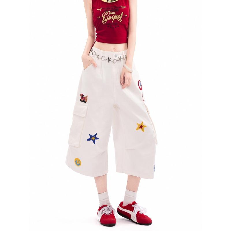 Повседневные ретро мультяшные флокированные вышитые рабочие укороченные брюки женские летние новые свободные повседневные шорты с широкими штанинами 2XL белый