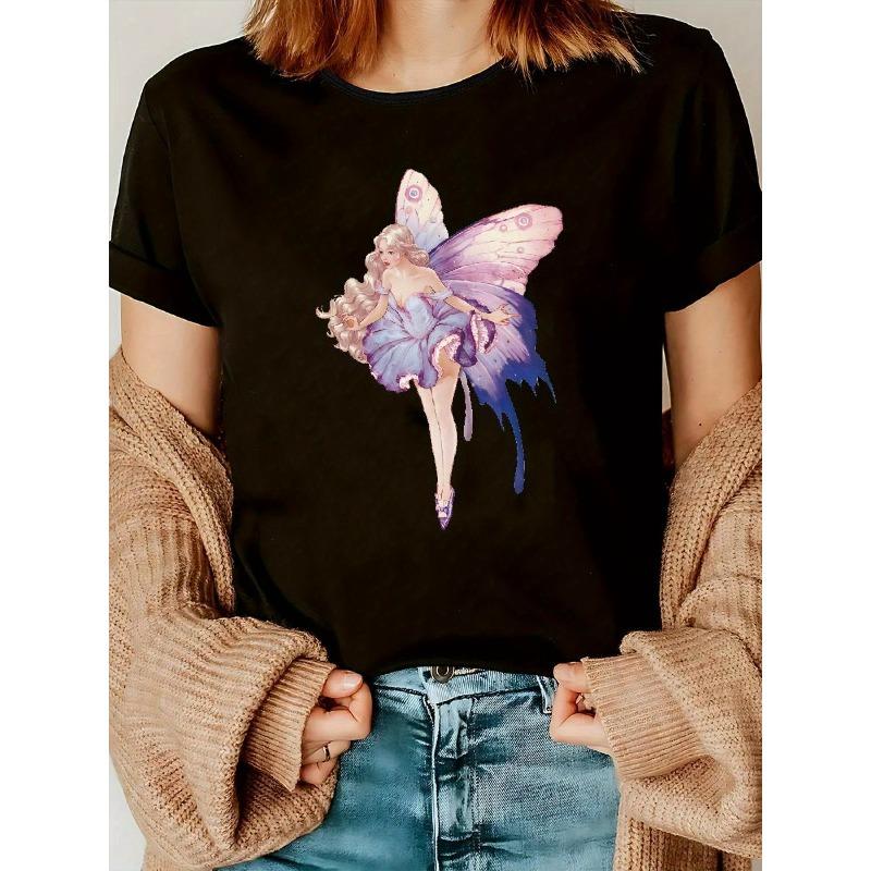 European Size Plus Size, Whimsical Fairy Graphic Women s T-Shirt - Casual Black Short Sleeve Round Neck, Stretchy Blend, Embossed Floral 4XL
European Size Plus Size, Whimsical Fairy Graphic Women s T-Shirt - Casual Black Short Sleeve Round Neck, Stretchy Blend, Embossed Floral 4XL