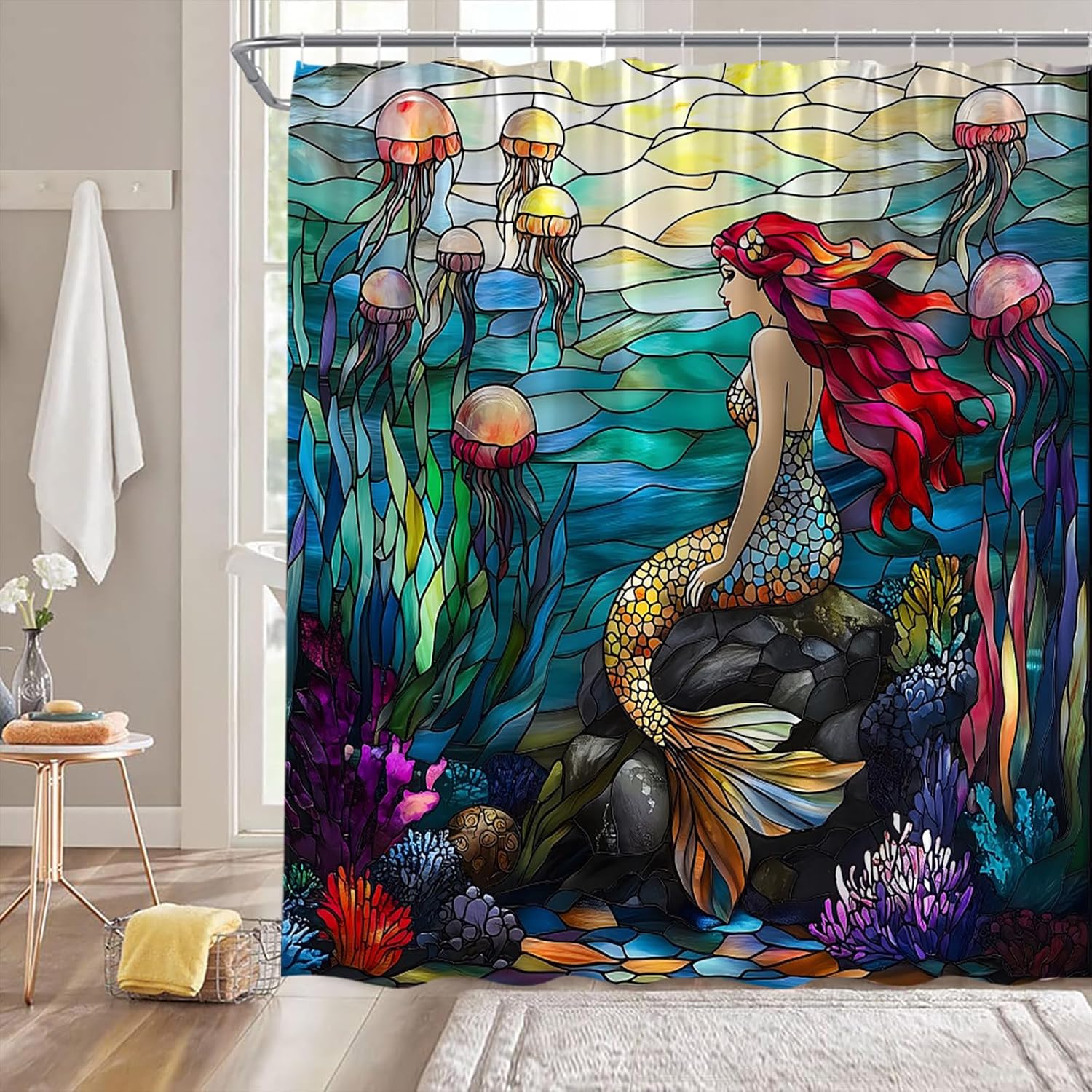 Stained Glass Mermaid Shower Curtain Vintage Blue Ocean Underwater World Cute Mermaid Jellyfish Coral Nautical Fabric Bathroom W60H190(CM)-1 Pcs
Stained Glass Mermaid Shower Curtain Vintage Blue Ocean Underwater World Cute Mermaid Jellyfish Coral Nautical Fabric Bathroom W60H190(CM)-1 Pcs