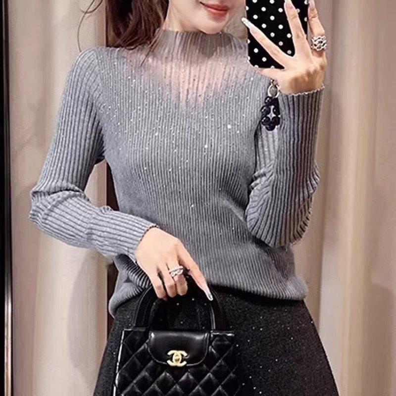 Plus Size Mesh Patchwork Knit Top with Rhinestones - Women s Early Autumn Slimming Semi-High Neck. S (for 75-90 jin)
Plus Size Mesh Patchwork Knit Top with Rhinestones - Women s Early Autumn Slimming Semi-High Neck. S (for 75-90 jin)