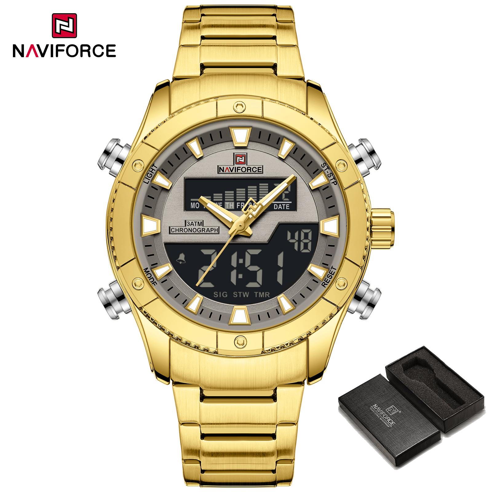 Naviforce Чоловічий годинник з подвійним часом, РК-цифровий дисплей, кварцовий, люмінесцентні стрілки, календар, водонепроникний, багатофункціональний, чоловічий годинник, подарунок NF9259 золотий/сірий колір
Naviforce Чоловічий годинник з подвійним часом, РК-цифровий дисплей, кварцовий, люмінесцентні стрілки, календар, водонепроникний, багатофункціональний, чоловічий годинник, подарунок NF9259 золотий/сірий колір