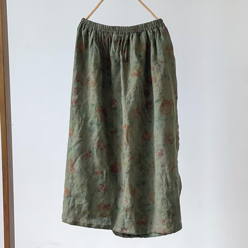 Johnature Винтажные женские юбки с цветочным принтом, эластичная талия, эластичная талия, осенние А-силуэта, женские юбки One Size зелёный