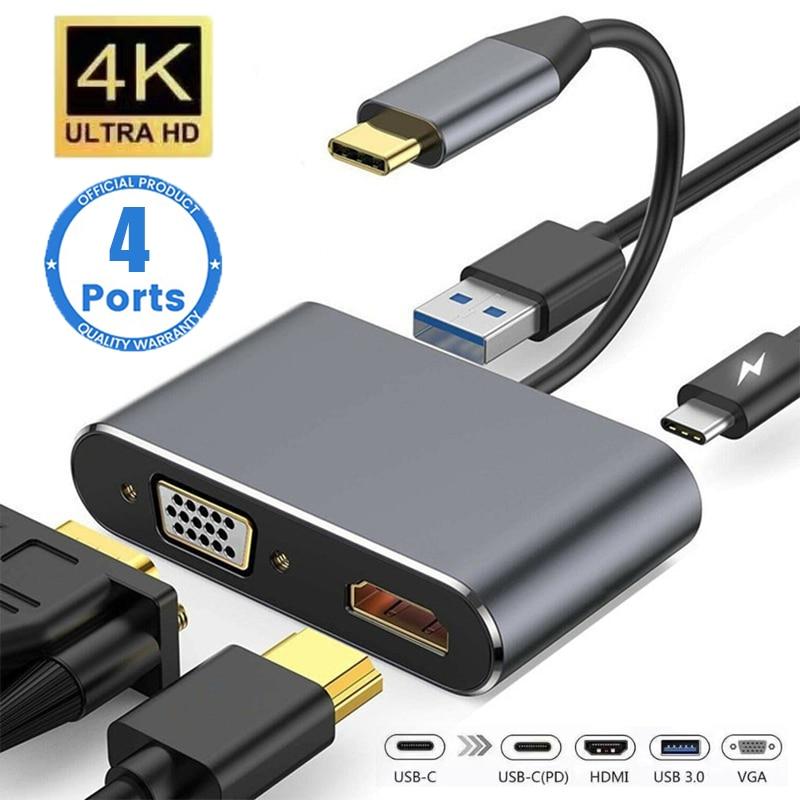 USB C Hub 4 in 1 Type C 3.0 Adapter to 4K HDMI HDTV VGA USB 3.0 PD Fast Charge Splitter for MacBook Notebook Laptop Computer
USB C Hub 4 in 1 Type C 3.0 Adapter to 4K HDMI HDTV VGA USB 3.0 PD Fast Charge Splitter for MacBook Notebook Laptop Computer