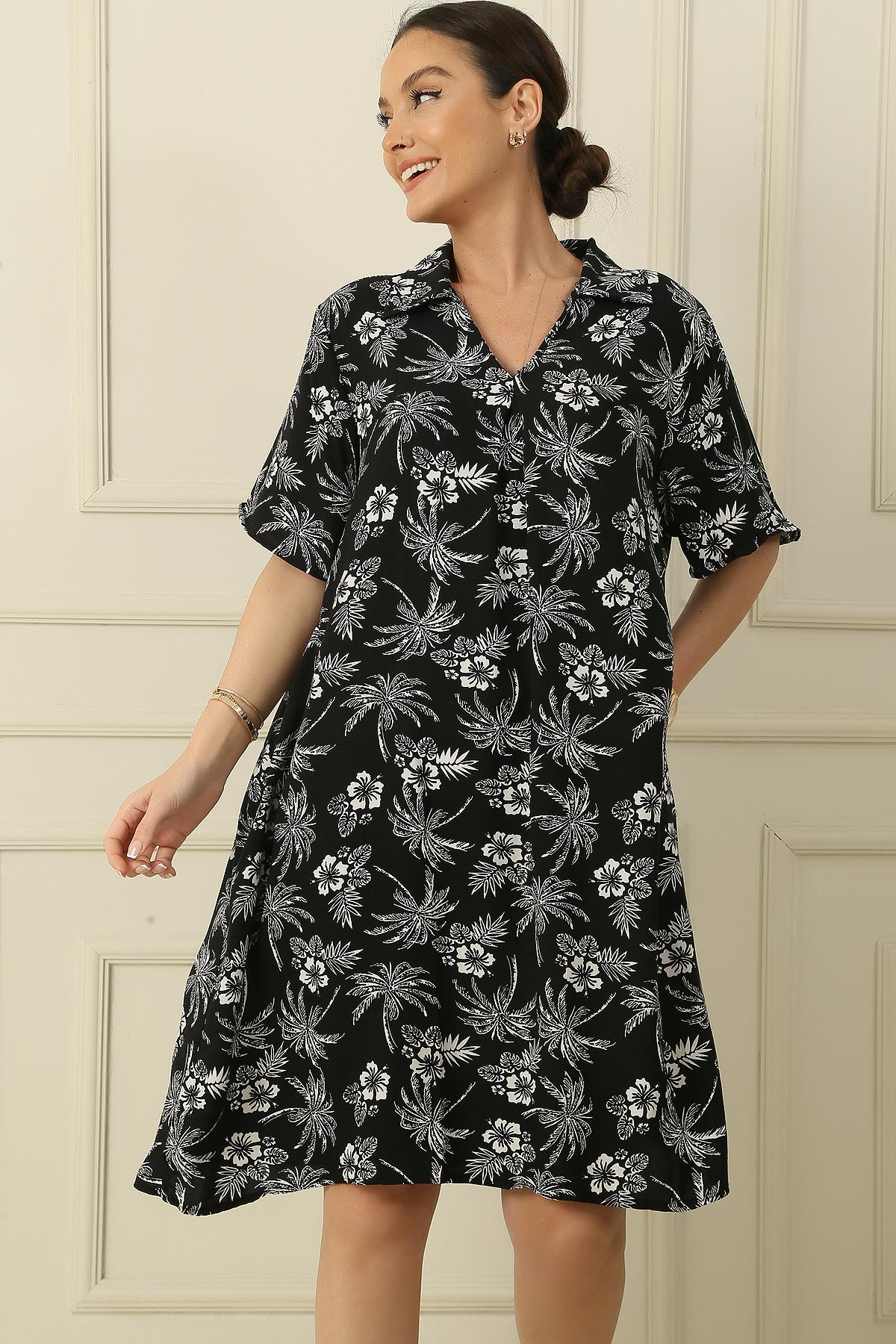 Polo Collar Palm Pattern Pocket Short Sleeve Oversize Comfortable Viscose Dress L чорний
Polo Collar Palm Pattern Pocket Short Sleeve Oversize Comfortable Viscose Dress L чорний