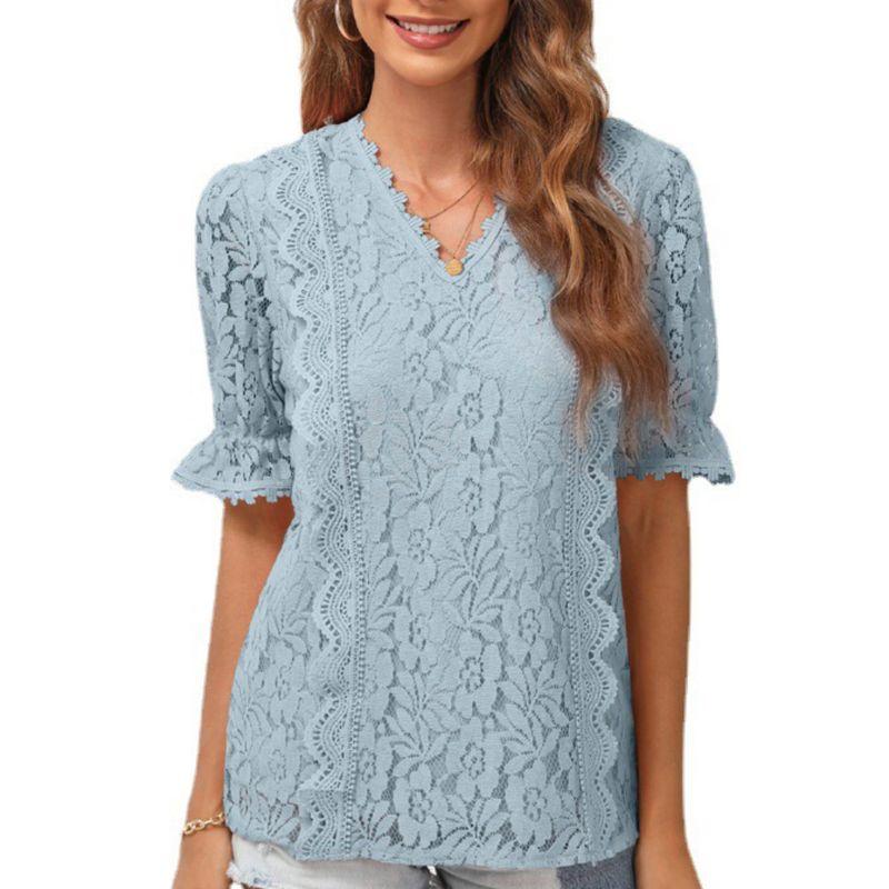V-neck Cut-out Lace Short Sleeve Top V-neck Hollow Lace Ruffled Short Sleeves Tops Khaki M
V-neck Cut-out Lace Short Sleeve Top V-neck Hollow Lace Ruffled Short Sleeves Tops Khaki M