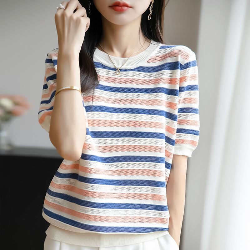 Summer New Round Neck Knitted Sweater, Short-sleeved T-shirt, Striped Cutout Base Shirt L
Summer New Round Neck Knitted Sweater, Short-sleeved T-shirt, Striped Cutout Base Shirt L