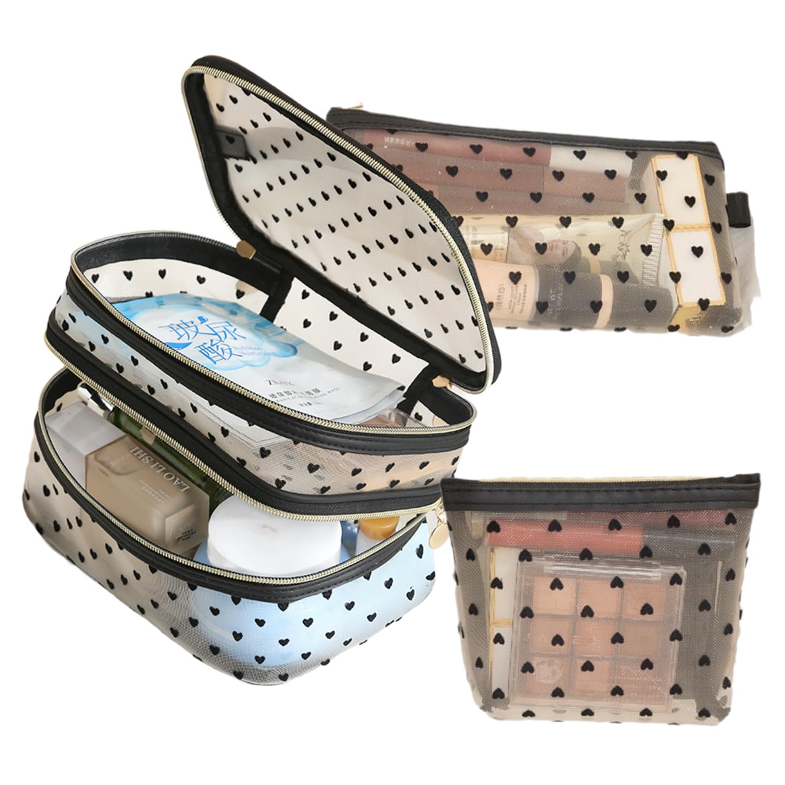 Косметичка из сетки Siomlana, нейлоновая сетчатая косметичка с флокированным сердечком, большая легкая дорожная косметичка для туалетных принадлежностей, для хранения макияжа, подарочный набор из 3 предметов,