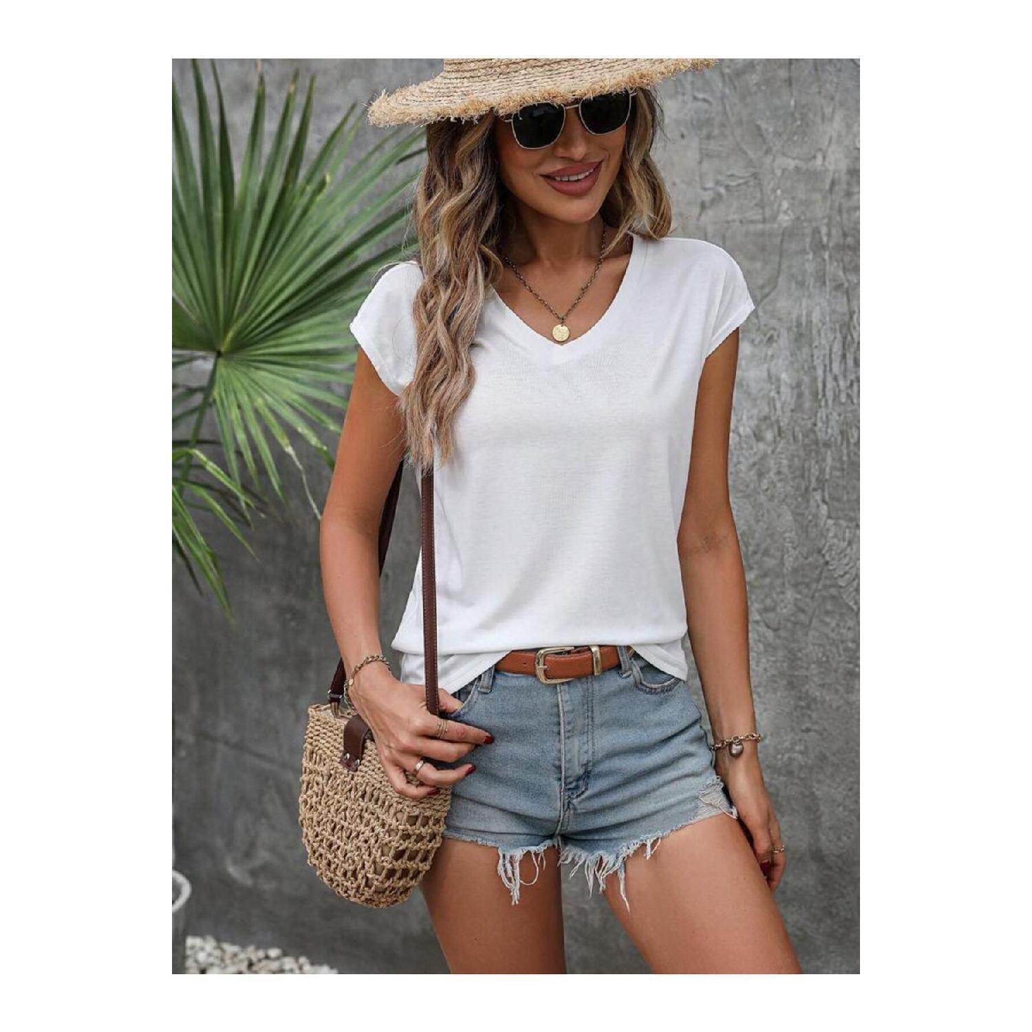 Обтягивающая белая женская футболка из лайкры и хлопка с V-образным вырезом и короткими рукавами S белый 
Обтягивающая белая женская футболка из лайкры и хлопка с V-образным вырезом и короткими рукавами S белый