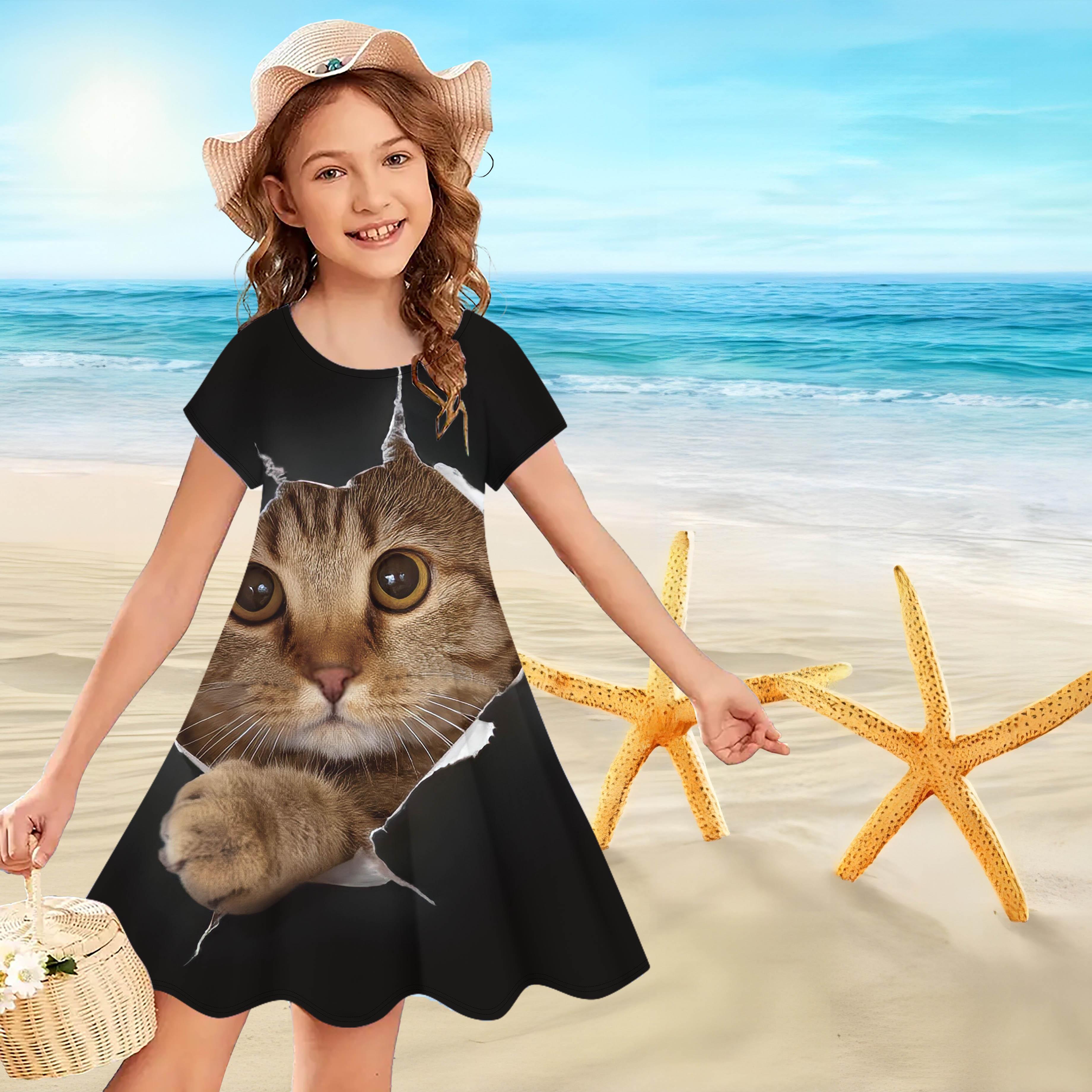 Платья с 3D принтом золотого кота для девочек, детское праздничное платье принцессы без рукавов для девочек, платье на бретелях с 3D принтом 180